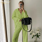 Clacive Causal Loose Home Suit Autumn Long Sleeve Blouse With High Wasit Pants Set Women Elegant Pleated Beige 2 Piece Pant Sets