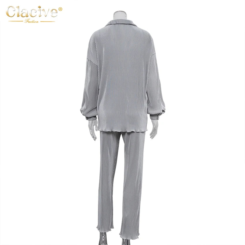 Clacive Causal Loose Home Suit Autumn Long Sleeve Blouse With High Wasit Pants Set Women Elegant Pleated Beige 2 Piece Pant Sets