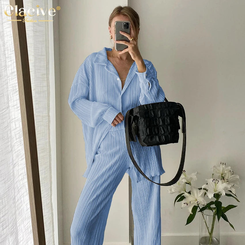 Clacive Causal Loose Home Suit Autumn Long Sleeve Blouse With High Wasit Pants Set Women Elegant Pleated Beige 2 Piece Pant Sets