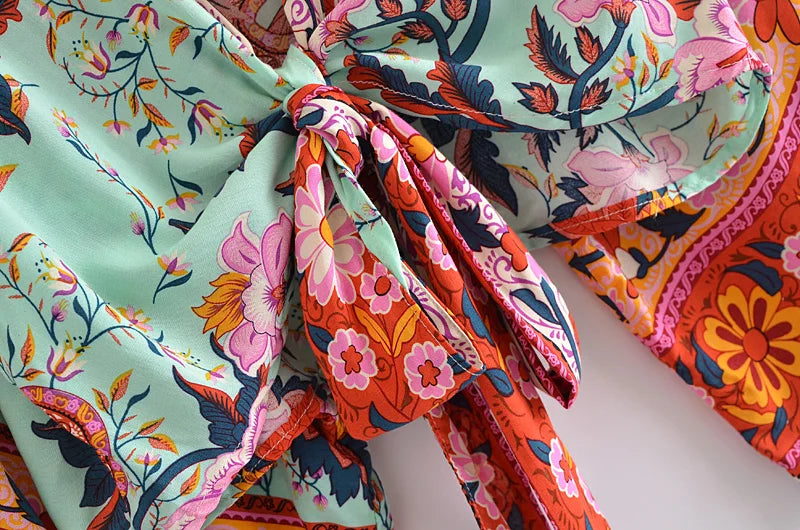 Happie Queens Floral Print Sashes Short  Kimono Women Fashion V Neck Batwing Sleeves Robe Lady Boho Bikini Cover-ups