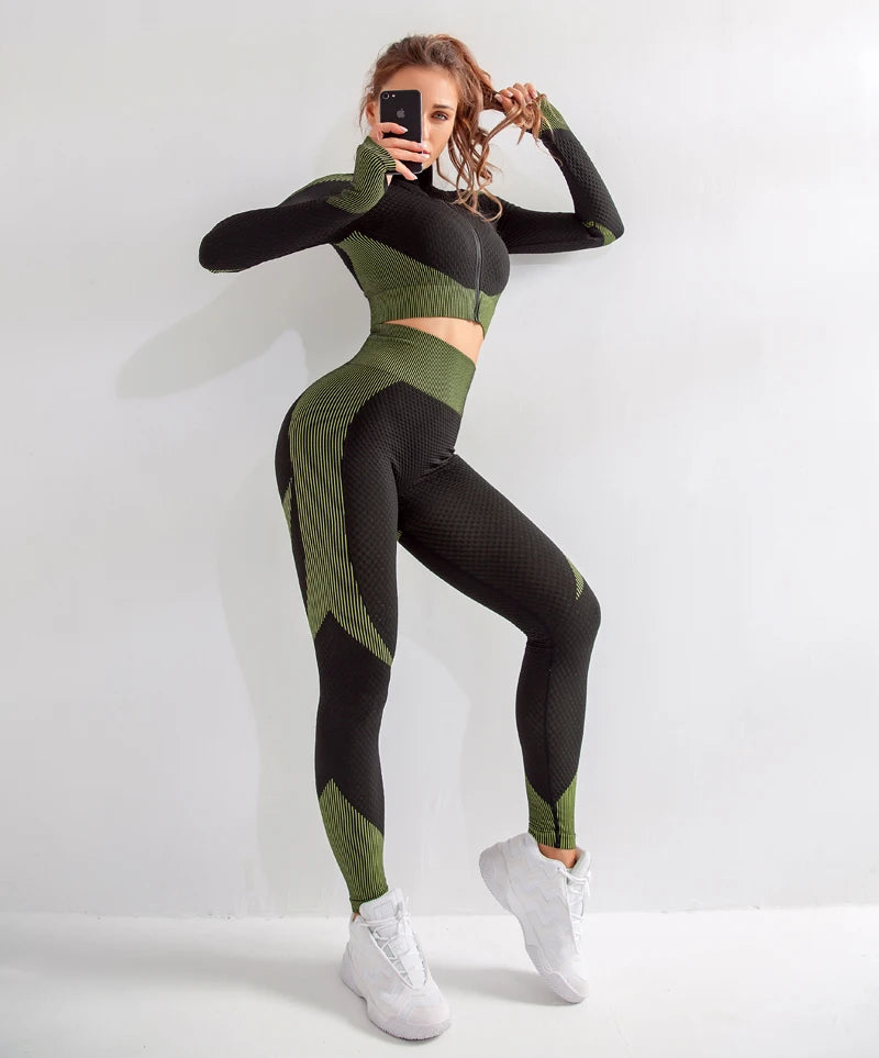 2/3Pcs Women Yoga Suit Seamless Knitted Yoga Pants Leggings Clothing Zipper Long Sleeve Crop Top Fitness Wear Sportswear Gym Set