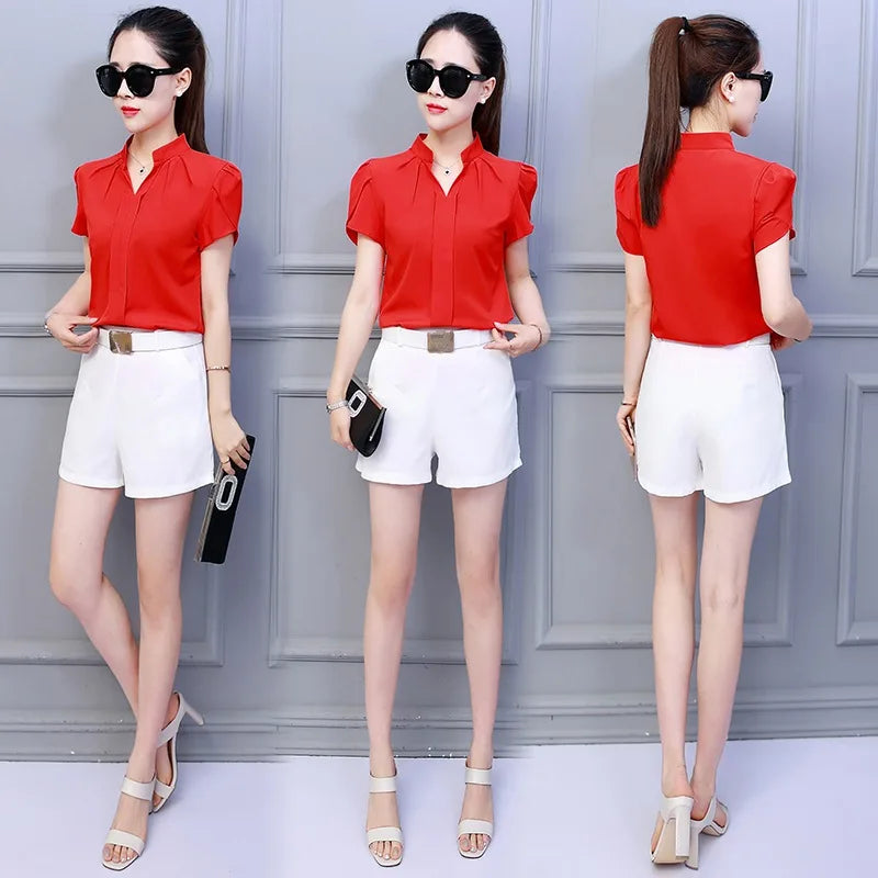 Women Casual Chiffon Shirt Summer Short Sleeve Elegant Blouse Female Formal Office Chiffon Tops Solid Color Loose Tops