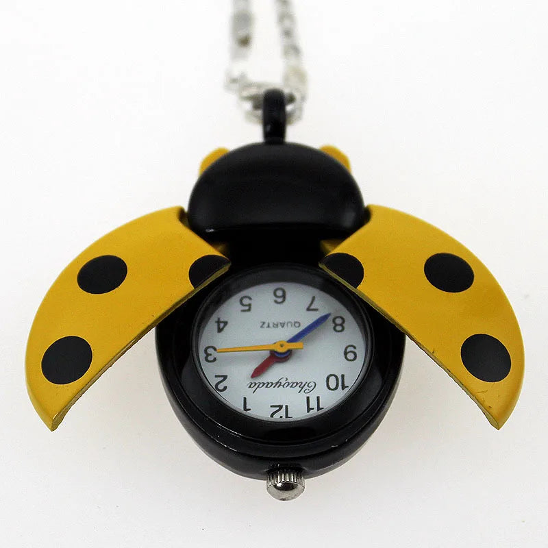 Free Drop Shipping Elegant Hot Popular Fashion Colorful Ladybug Fob Clock Necklace Pocket Pendant Dress Quartz Watch GL02