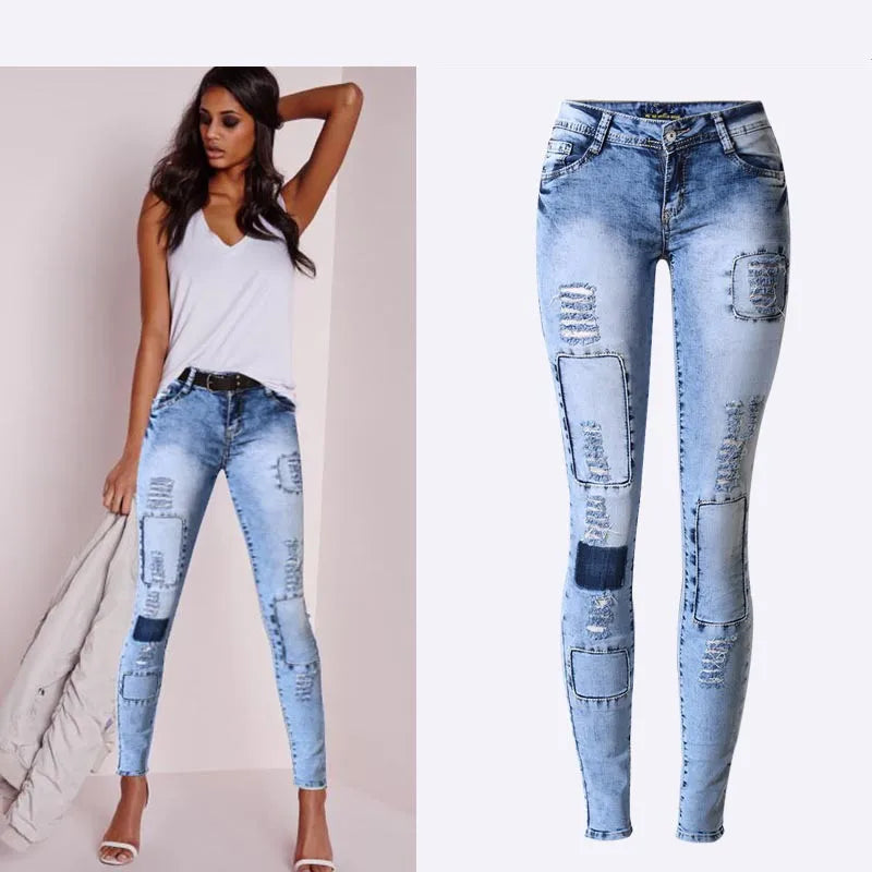 Summer Style Low Waist Sky Blue Patchwork Skinny Tights Women Pencil Jeans High Stretch Sexy Push Up Denim Women Fashion Jeans Main image