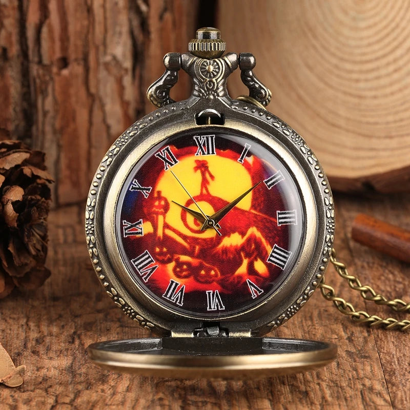 Retro Skull Punk Chain Necklace Quartz Pocket Watch Jack Pendant Retro Bronze Jewelry Fob Necklace Watches for Men Women Kids