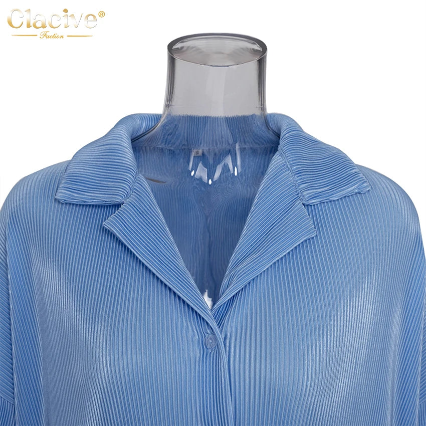 Clacive Causal Loose Home Suit Autumn Long Sleeve Blouse With High Wasit Pants Set Women Elegant Pleated Beige 2 Piece Pant Sets