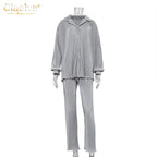 Clacive Causal Loose Home Suit Autumn Long Sleeve Blouse With High Wasit Pants Set Women Elegant Pleated Beige 2 Piece Pant Sets