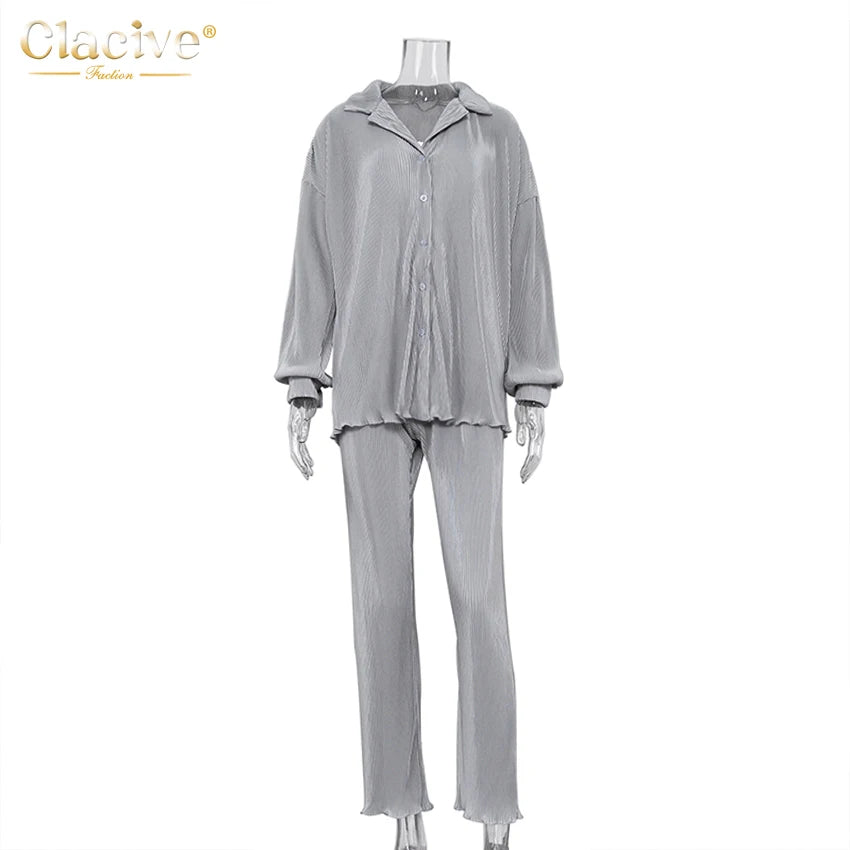 Clacive Causal Loose Home Suit Autumn Long Sleeve Blouse With High Wasit Pants Set Women Elegant Pleated Beige 2 Piece Pant Sets