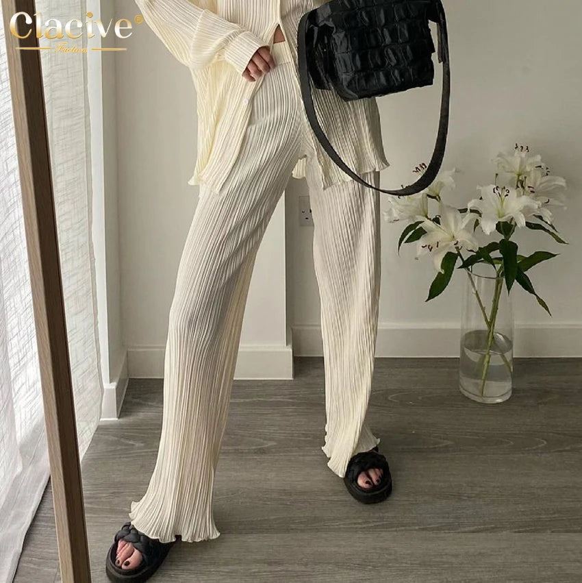 Clacive Causal Loose Home Suit Autumn Long Sleeve Blouse With High Wasit Pants Set Women Elegant Pleated Beige 2 Piece Pant Sets