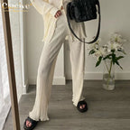 Clacive Causal Loose Home Suit Autumn Long Sleeve Blouse With High Wasit Pants Set Women Elegant Pleated Beige 2 Piece Pant Sets