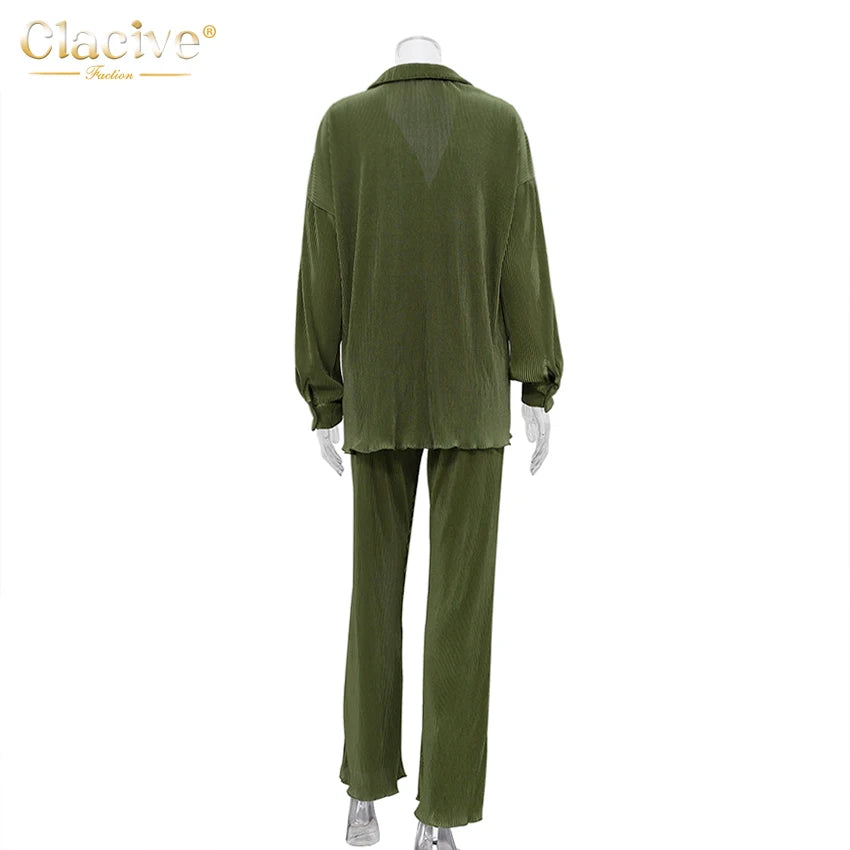 Clacive Causal Loose Home Suit Autumn Long Sleeve Blouse With High Wasit Pants Set Women Elegant Pleated Beige 2 Piece Pant Sets