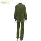 Clacive Causal Loose Home Suit Autumn Long Sleeve Blouse With High Wasit Pants Set Women Elegant Pleated Beige 2 Piece Pant Sets