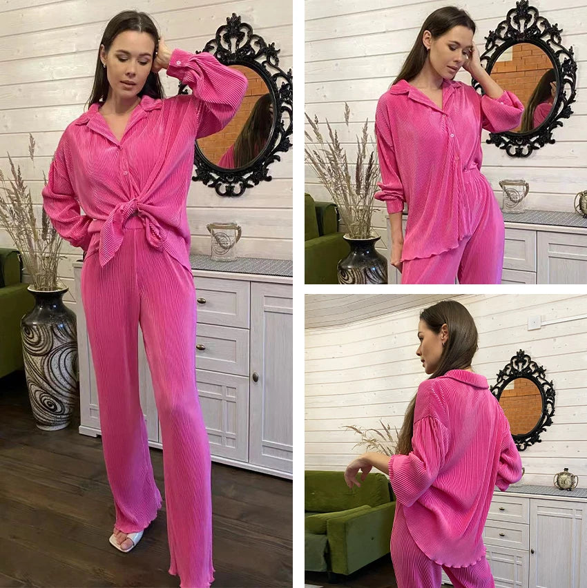 Clacive Causal Loose Home Suit Autumn Long Sleeve Blouse With High Wasit Pants Set Women Elegant Pleated Beige 2 Piece Pant Sets