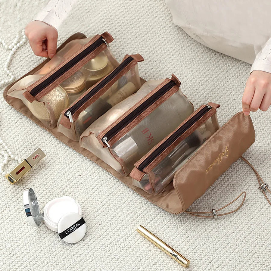 4 in 1 Cosmetic Bag For Women Zipper Mesh Separable Cosmetics Pouch Ladies Foldable Nylon Bag Rope Makeup Bag Kosmetyczka