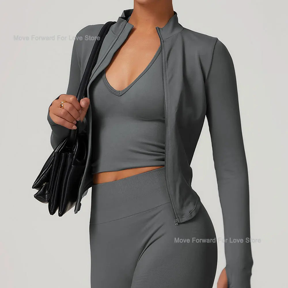 Women's Zipper Crop Sports Jacket Long Sleeve Yoga T-Shirt Solid Quick Dry Fitness Top Gym Running Workout Sportswear