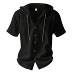 Cotton Linen Shirt for Men Hooded Short Sleeve Solid Color Breathable Lightweight Drawstring Design Shirts Casual Basic Tees