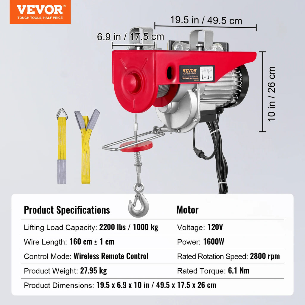 SucceBuy 1320-2200 lbs Wireless Electric Hoist with 40ft Single Cable Lifting Height Steel Wire Winch Garage Warehouse Factory