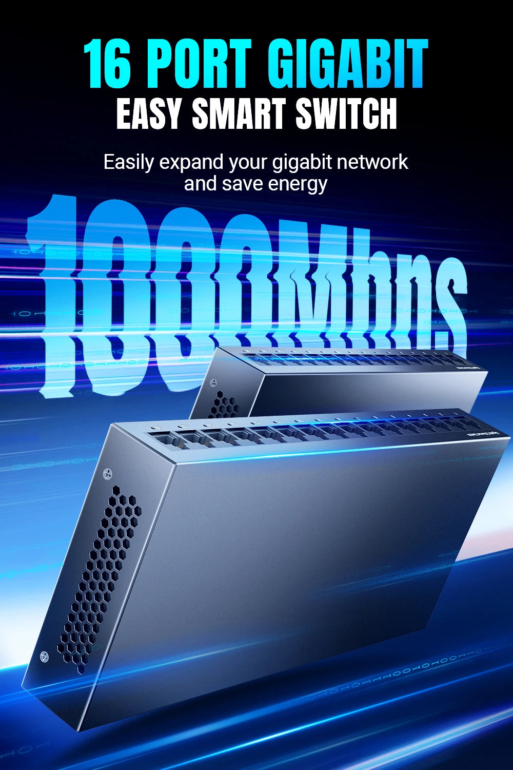 AMPCOM Network Switch 16 Ports Switch Ethernet 1000Mbps Gigabit High Performance Smart Switcher RJ45 Hub Internet Injector