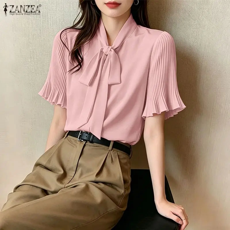 2026 ZANZEA Elegant Summer Blouse Women Stand Neck Short Sleeve Tops Stylish Solid OL Work Shirt Casual Lace-Up Holiday Tunic Secondary image