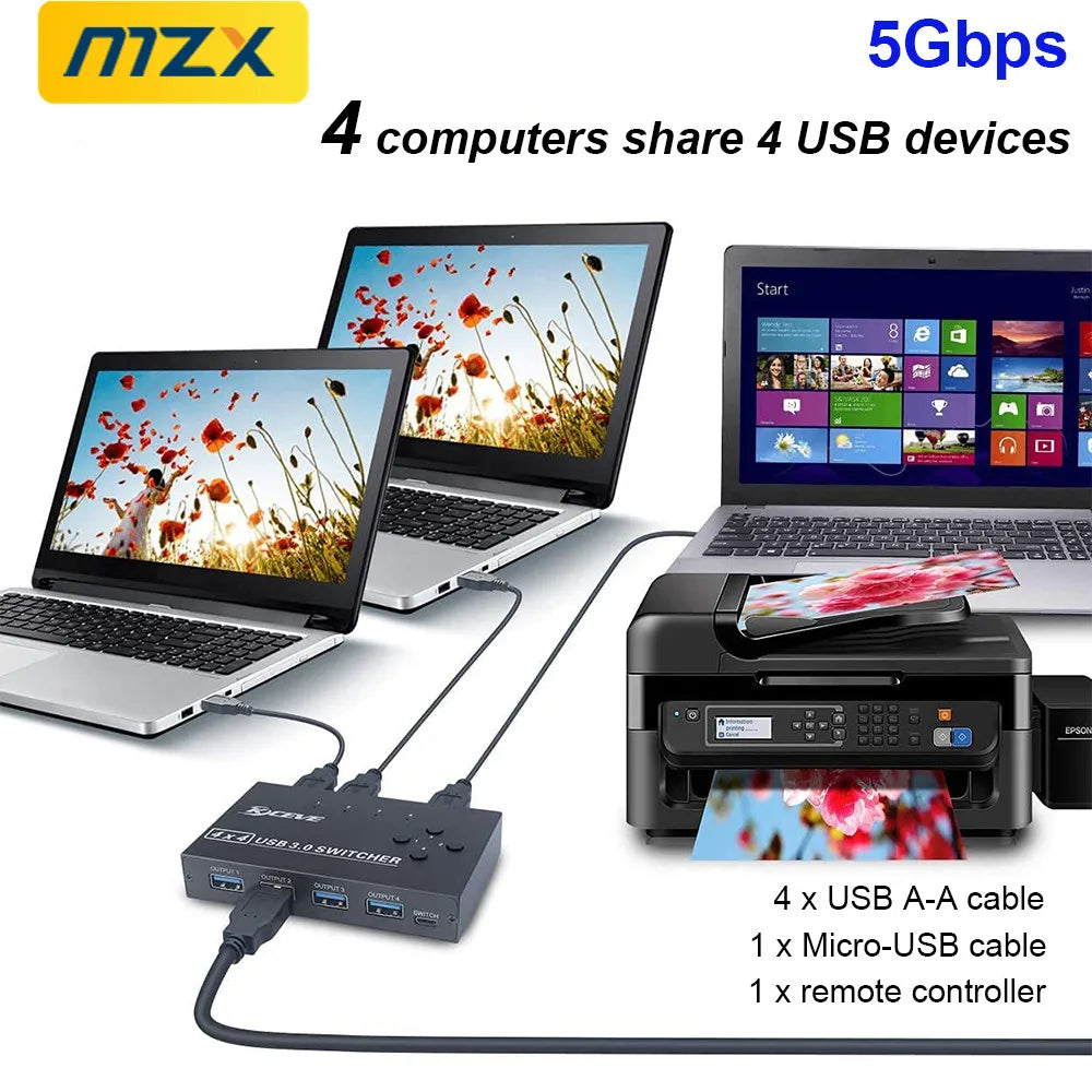 MZX 4x4 USB 3.0 Switch Selector KVM Switcher Hub 3 0 Cable PC Laptop Computer Share USB Devices Keyboard Mice Printer KVM Switch