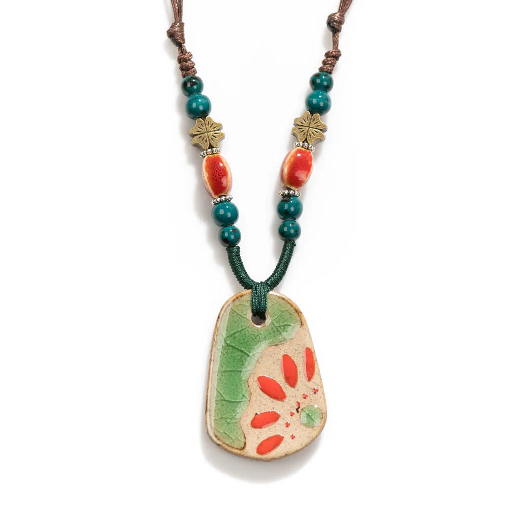 Handmade Vintage Ceramic Necklace Retro craft pottery Ethnic Style Chinese Pendant Unique Women's Accessory  X840G