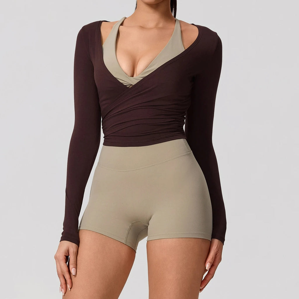 New Summer Women's Yoga Long Sleeve One Piece Strap Yoga Clothing Female Training Premium Ballet Wrap TopsWoman Gym Sports Top