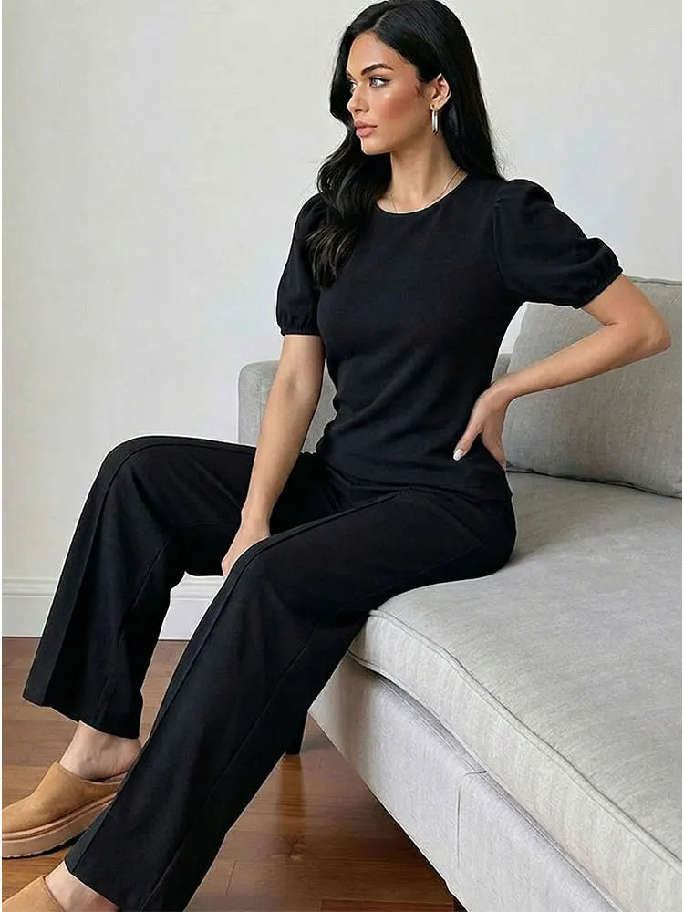 HH Women Elegant Beige Matching Set O Neck T-Shirt Solid Puff Sleeve Top Casual Lady Wide Leg Trousers High Street Chic Outfit