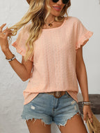 Solid Casual Loose Blouses For Women Fashion 2025 Summer Women's Hollow Short Sleeve Shirts And Blouses Elegant Female Blue Tops