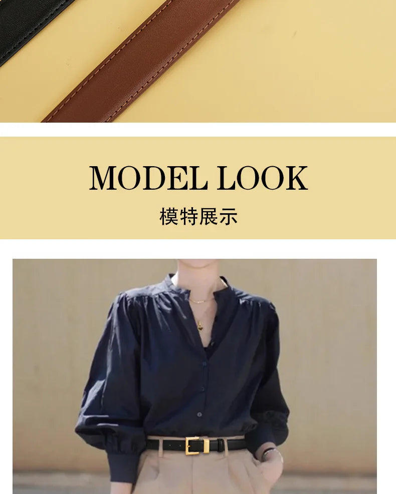Ladies leather belt; cowhide versatile decoration for suit waist belt; retro simple high-end black ins style denim belt.