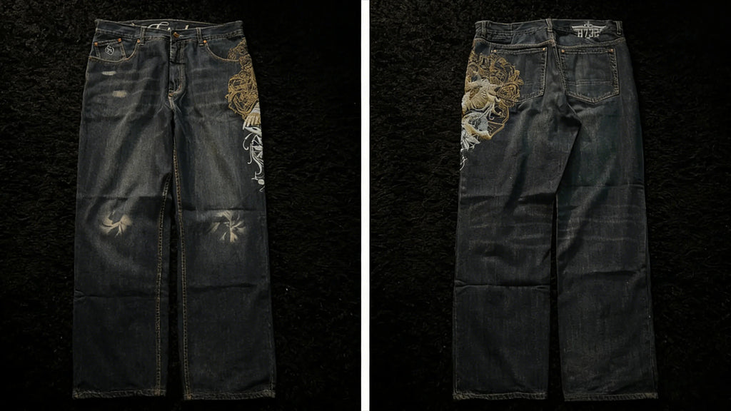 Y2K Black Washed Embroidered High-waisted Oversized Jeans Men European and American Retro Classic Loose Wide-leg Straight Pants