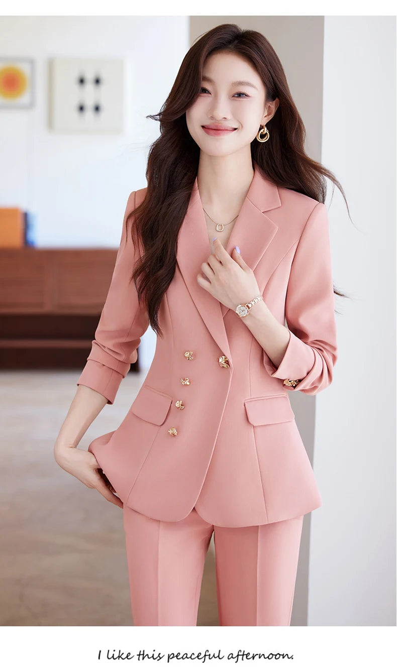 NAVIU New 2024 Women Pant Suits Pink Blazer And Jacket Set Office Ladies Work Business Uniform Female Pantsuit OL Style Beige