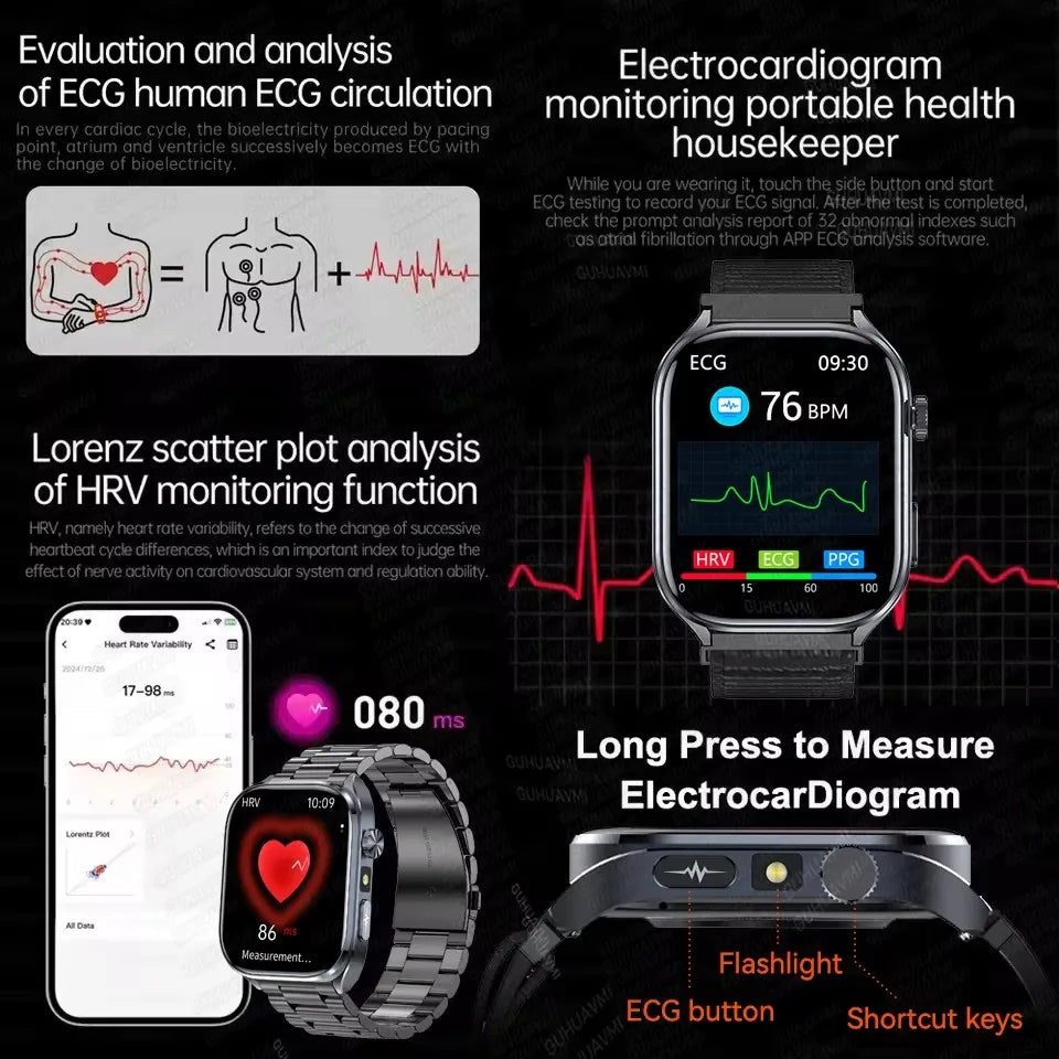 New Health Watch Uric Acid Blood Pressure Blood oxygen Body Analysis Body Fat SmartWatch ECG+PPG Bluetooth call Clock Women Men