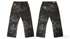 Y2K Black Washed Embroidered High-waisted Oversized Jeans Men European and American Retro Classic Loose Wide-leg Straight Pants