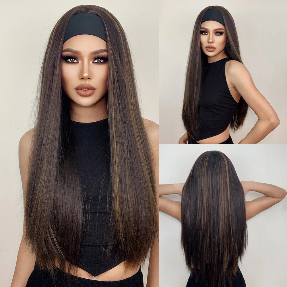ALAN EATON Long Blonde Synthetic Headband Wig Ombre Blonde Straight Hair Wigs Natural Looking Heat Resistant Fiber for Daily Use