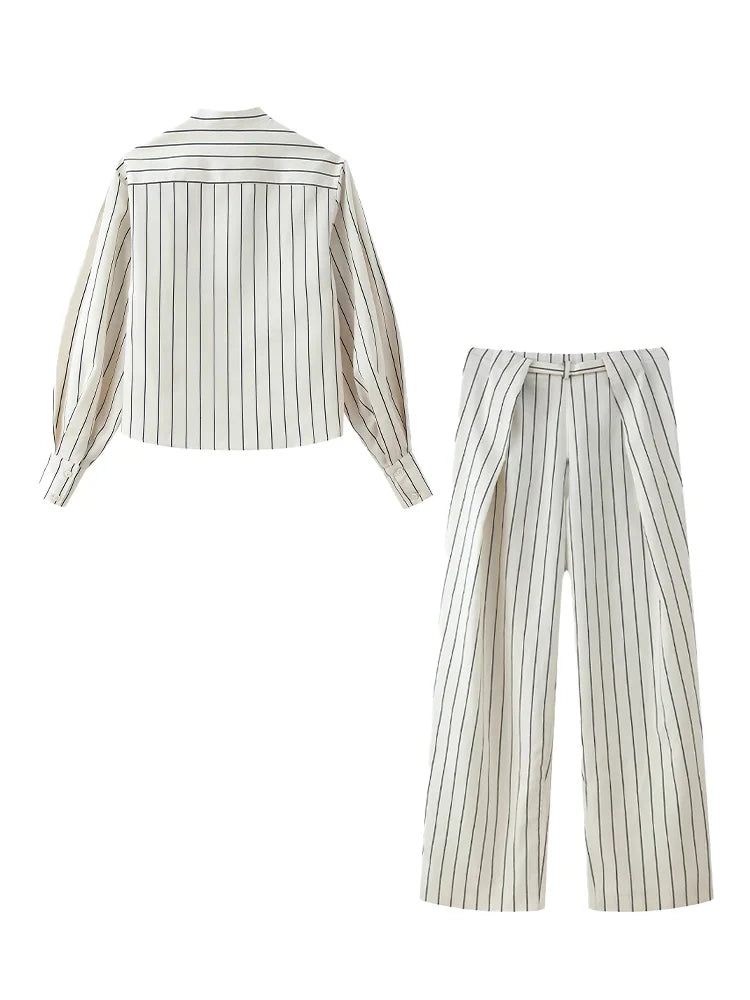 HH Women Spring New Fashion Vintage Versatile Beige Striped Puffy Sleeve Shirt+High Waisted Loose Pleated Casual Long Pants Set