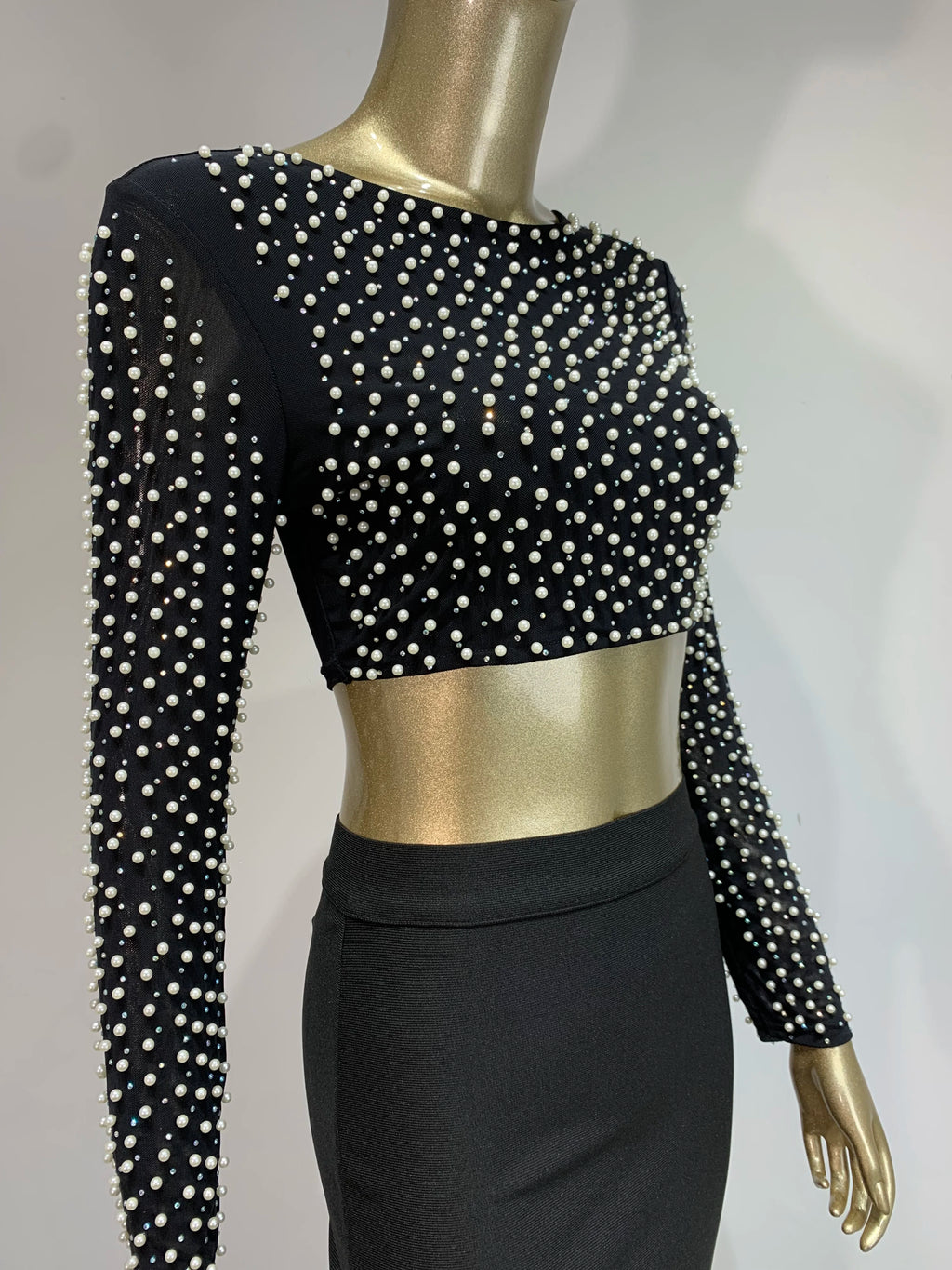 Sexy O Neck Long Sleeve Mesh Pearl Beige Black Celebrity Midi Women Bandage Set 2024 Designer Evening Party Women's Set