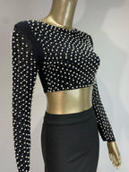 Sexy O Neck Long Sleeve Mesh Pearl Beige Black Celebrity Midi Women Bandage Set 2024 Designer Evening Party Women's Set