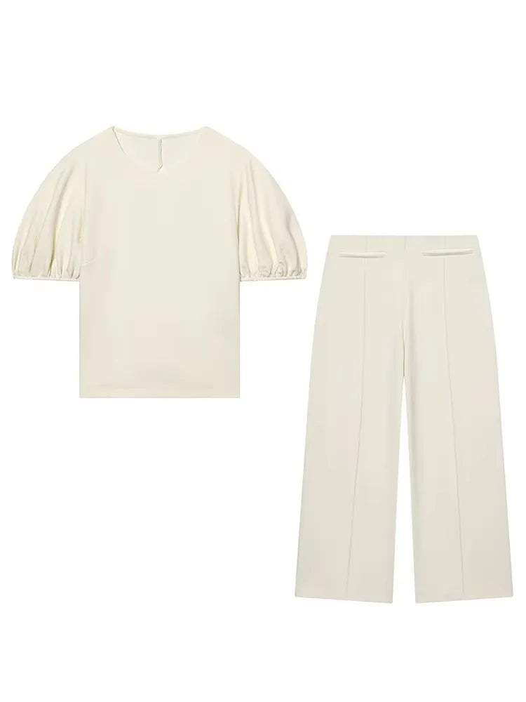 HH Women Elegant Beige Matching Set O Neck T-Shirt Solid Puff Sleeve Top Casual Lady Wide Leg Trousers High Street Chic Outfit