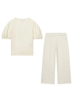 HH Women Elegant Beige Matching Set O Neck T-Shirt Solid Puff Sleeve Top Casual Lady Wide Leg Trousers High Street Chic Outfit