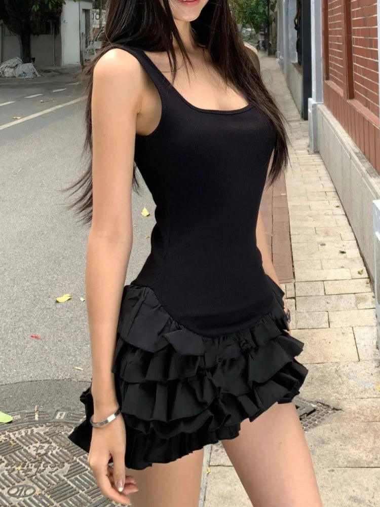 Chic Y2K Sleeveless Mini Dress For Woman Summer Black Dresses Sexy Clubwear Party Slim fit Ruffle Pleated Short Dress Secondary image