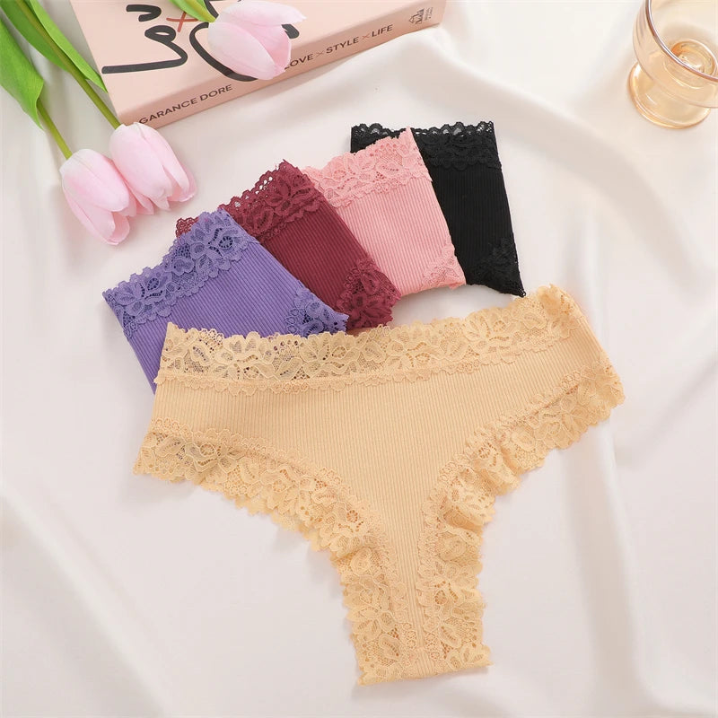 FINETOO 3Pcs Women Cotton Underwear Panties Sexy Lace Brazilian Briefs Low Waist Floral Solid Color G-string Breathable Lingerie