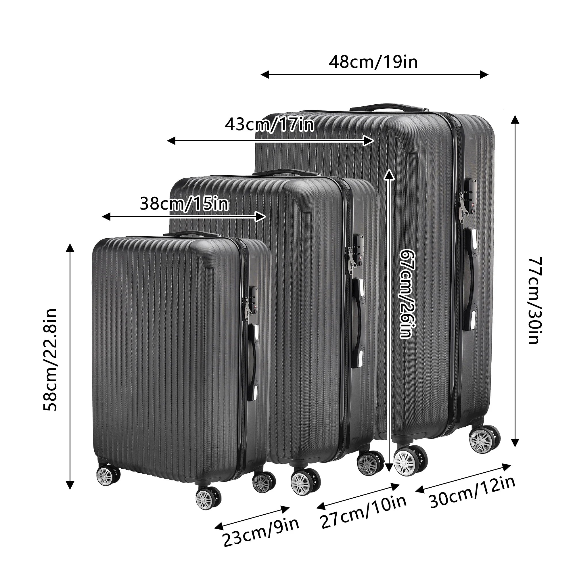 Anajqaqia Black Suitcase Set 3 Piece Luggage Set with Trolley Handle, Double Wheels and TSA Lock, Travel Suitcase Set