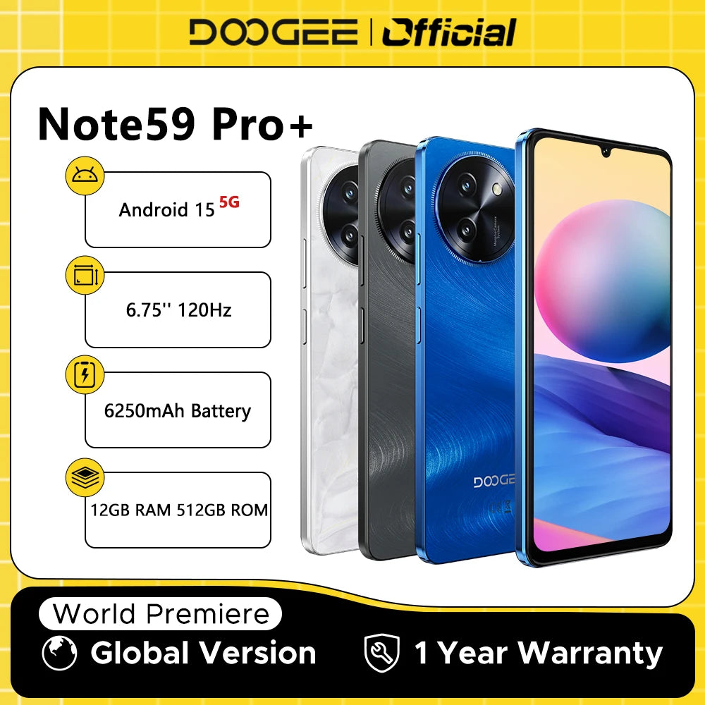 Global Version DOOGEE Note59 Pro+ 5G Smart phone Android 15 6250mAh Battery 6.75'' 120Hz Screen 12GB 512GB AI Camera Cell Phone Main image