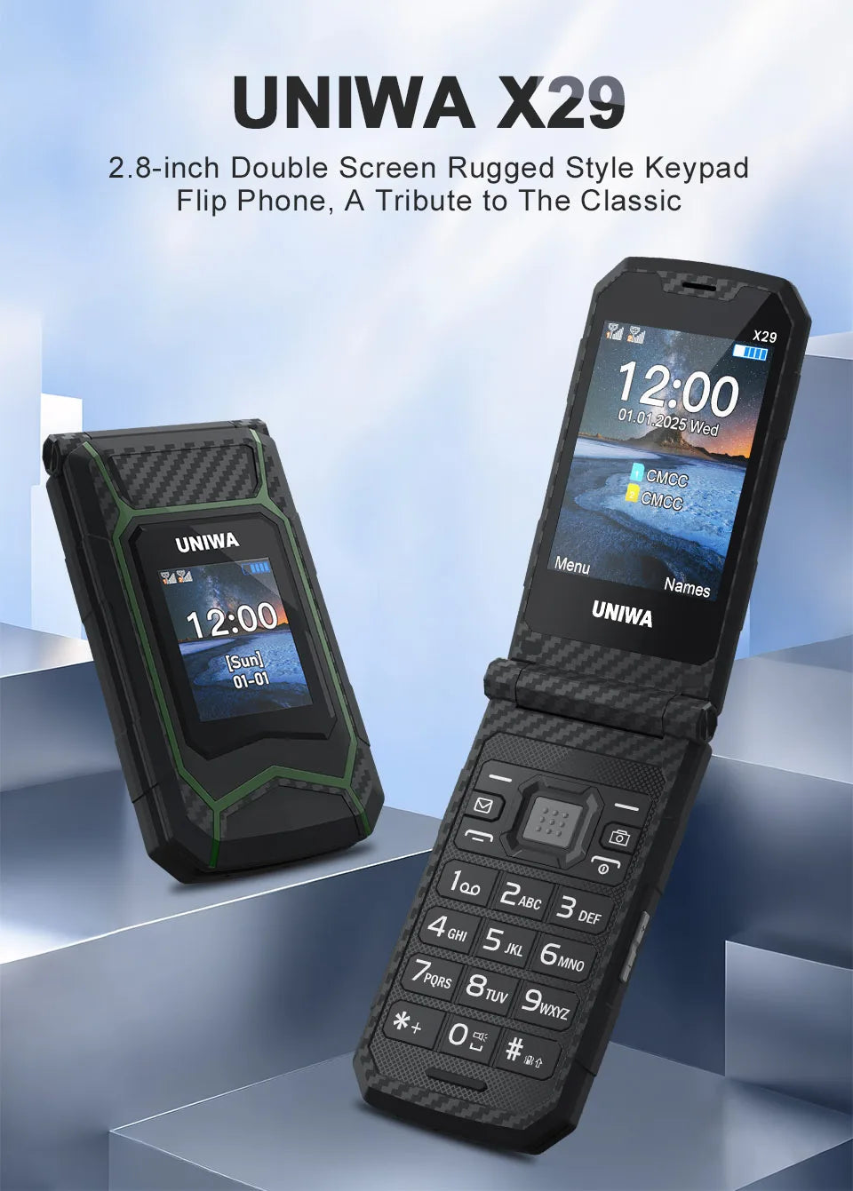 UNIWA X29 GSM Flip Phone 2.8 Inch Double Screen Dual SIM Big Font Big Button For Senior 2000mAh Wireless Radio  Russian Keyboard