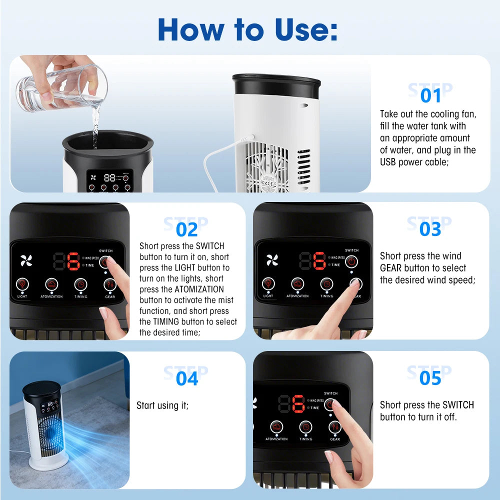Desktop Air Conditioning Fan 300ML Water/Ice Cooling Fan 6 Speeds Small Air Conditioner Humidifier Cooler Fan With Ambient Light