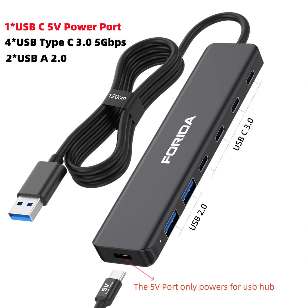 FORIDA USB Hub Type C 10Gbps USB C Splitter PD 100W Power Charging USB 3.2 Gen2 Adapter for Laptop MacBook Desktop Tablet