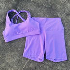 Solid Color High Waist Gym Yoga Short Legging Set Tight Women Cross Back High Impact Shoulder Strap Fitness Bra Top Sportwear