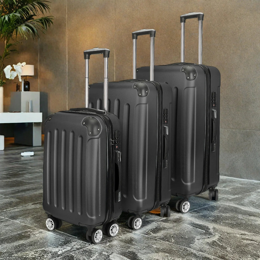 Comanlai 3Pcs Rolling Luggage Sets, Black Hard-shell Suitcases, Classical Striped Design, with 360° Universal Wheels, TSA Lock and Telescopic Handle,  for Business Outdoor Travelling