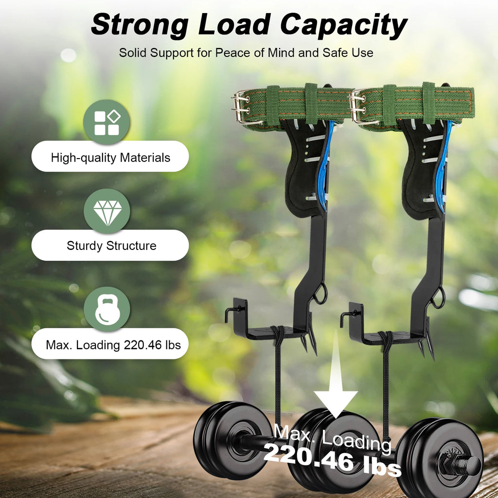 Tree Climbing Tools with Safety Belt 2M Rope 45# Steel Wide Foot Pedal Comfortable Kit for Fruit Picking, Jungle Survival, Black