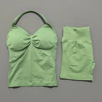 2 Pieces Sports Set Women Backless Halter Tops Fitness Tank Top High Waist Seamless High Stretch Shorts Gym Workout Sets